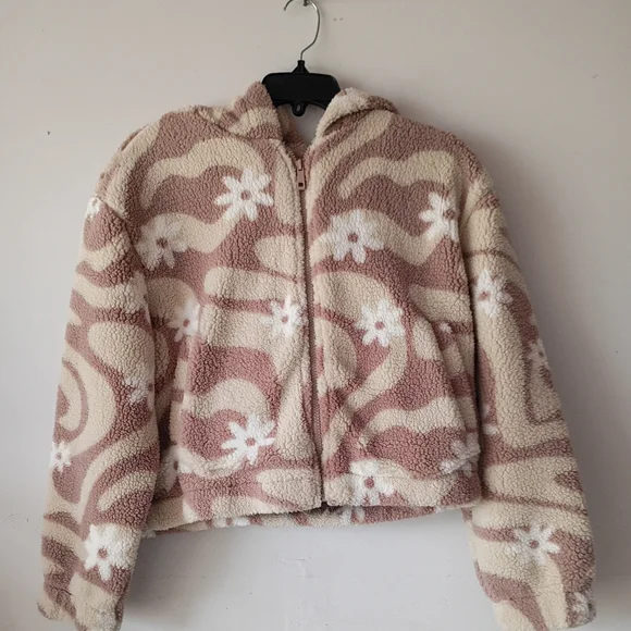 Wild Rose Sherpa Hoodie Women Small‎ Mauve Cream Floral Swirl Zip Up Jacket - Picture 2 of 10